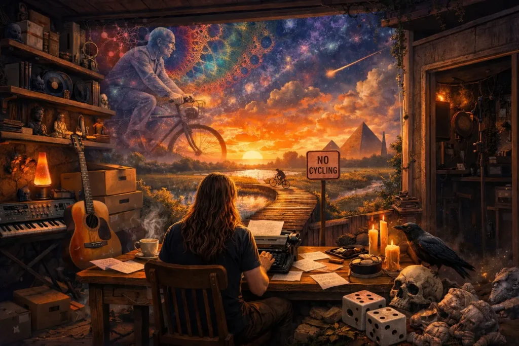 A long-haired man sits at a wooden desk in a cluttered studio, typing on a vintage typewriter. Papers, a guitar, candles, dice, and a skull rest nearby. Through an open doorway, a boardwalk crosses a marsh at sunrise with a cyclist in the distance and a “No Cycling” sign. The sky beyond is filled with clouds, stars, and a translucent figure riding a bicycle.