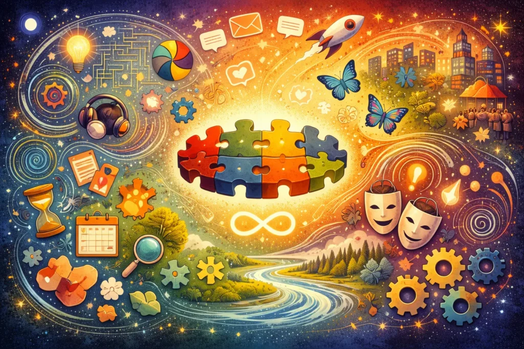 Abstract illustration featuring interlocking puzzle pieces surrounded by symbolic shapes, colours, and flowing patterns.