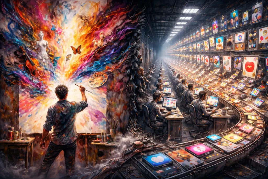 A divided image contrasting a painter creating art in a vibrant studio with a large hall filled with people producing digital content at computer stations.