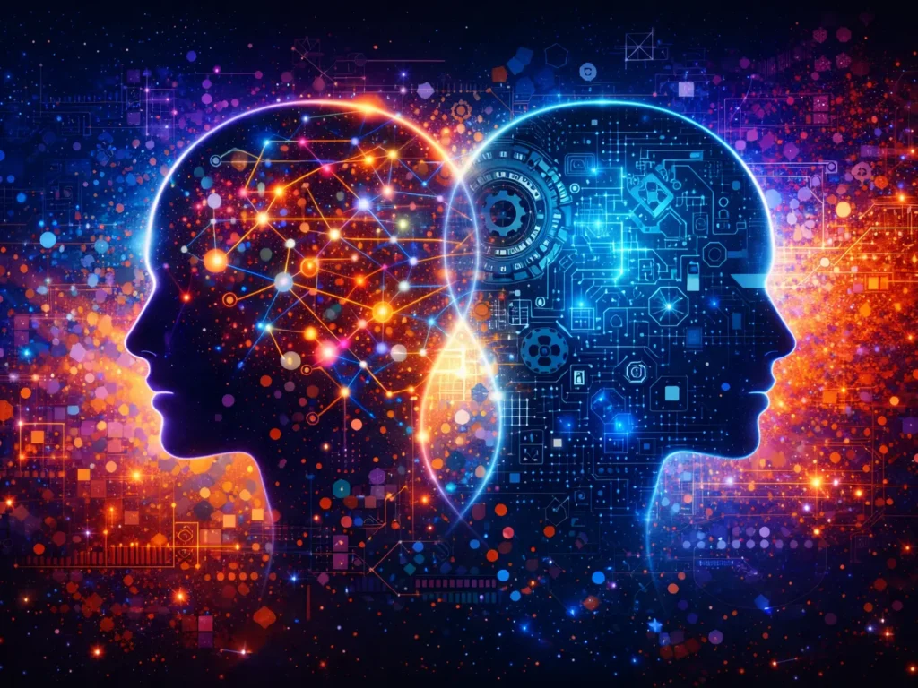 Two facing human head silhouettes filled with glowing neural networks and circuit patterns on a colorful abstract background.