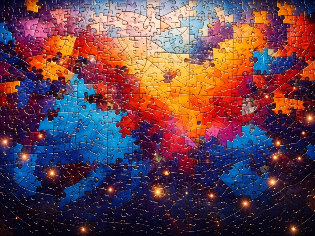 A colorful jigsaw puzzle made of interlocking pieces in blues, purples, reds, and oranges, forming an abstract, cohesive pattern.