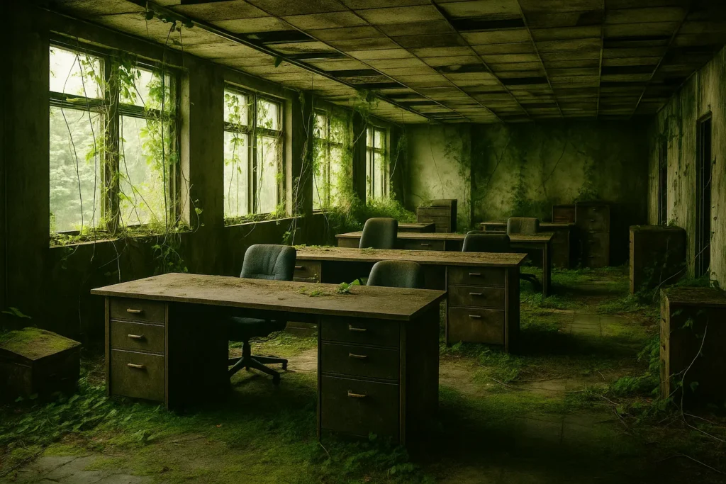 An image of the interior of an office building that has been reclaimed by nature.