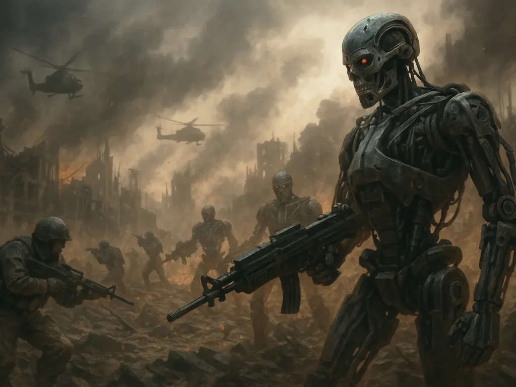 A gritty digital painting of a dystopian battlefield where heavily armed humanoid robots with glowing red eyes confront human soldiers amid the ruins of a destroyed city. Smoke and fire rise from the rubble, helicopters hover in the darkened sky, and the atmosphere is tense with war and desolation.