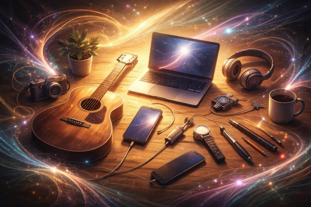 Illustrated still life of everyday tools on a wooden surface, including a guitar, laptop, phone, headphones, and pens, connected by softly glowing, flowing strands of light.