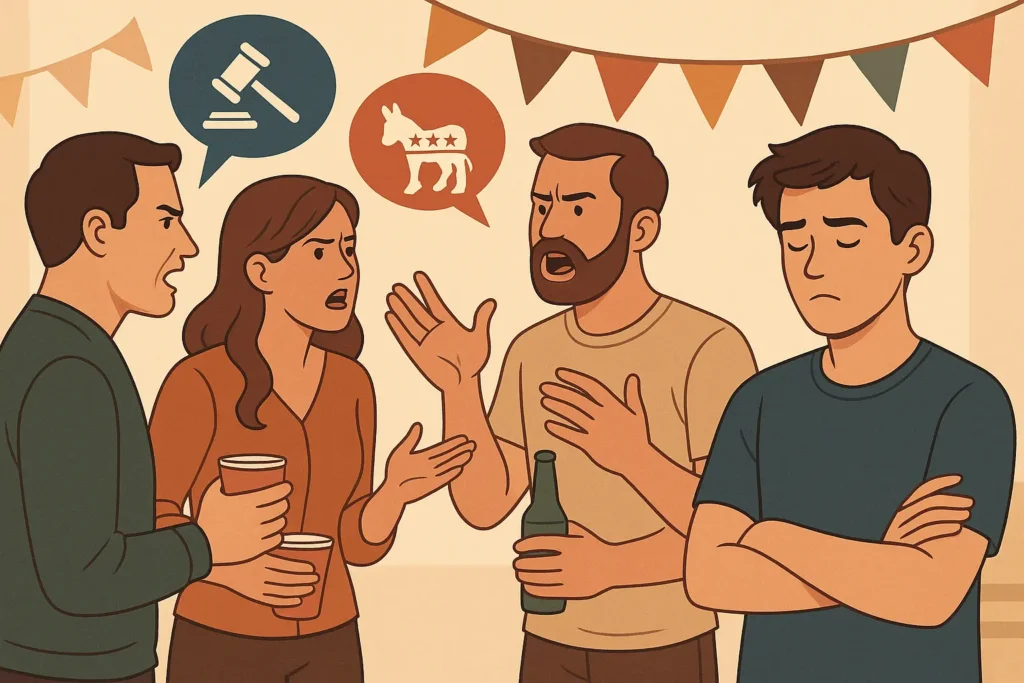 A digital illustration of a party scene where a group of animated guests are engaged in a lively debate, gesturing and leaning toward each other, while one man quietly walks away toward a snack table. Warm, earthy tones and festive decorations set a casual social atmosphere.