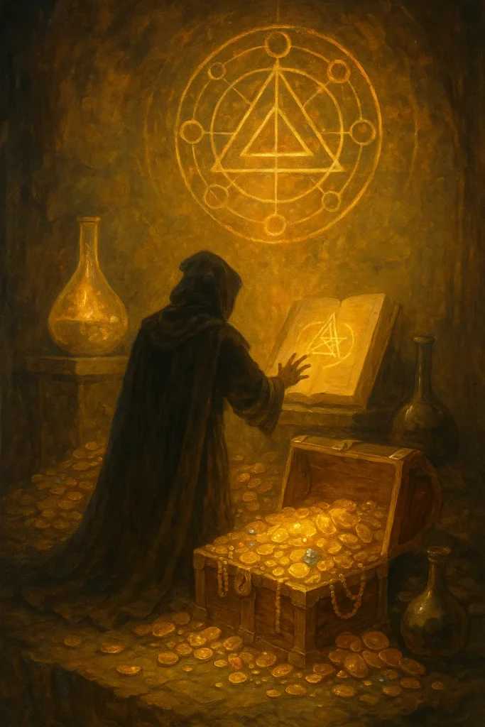 A hooded figure stands in a dimly lit, golden-toned chamber filled with alchemical tools and a treasure chest overflowing with glowing gold coins and jewels. The figure reaches toward an ancient book etched with a glowing symbol, while a radiant alchemical diagram glows on the wall above. The scene evokes mystery, transformation, and hidden wisdom turned into treasure.