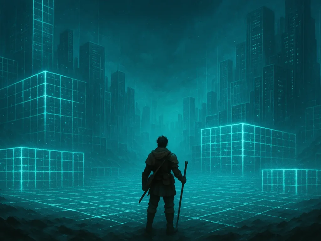 A lone adventurer in a cloak stands on a glowing digital grid, holding a sword and staff. Towering server-like structures and illuminated data cubes stretch into the distance, creating a surreal fusion of fantasy and cybernetic landscape bathed in teal light.