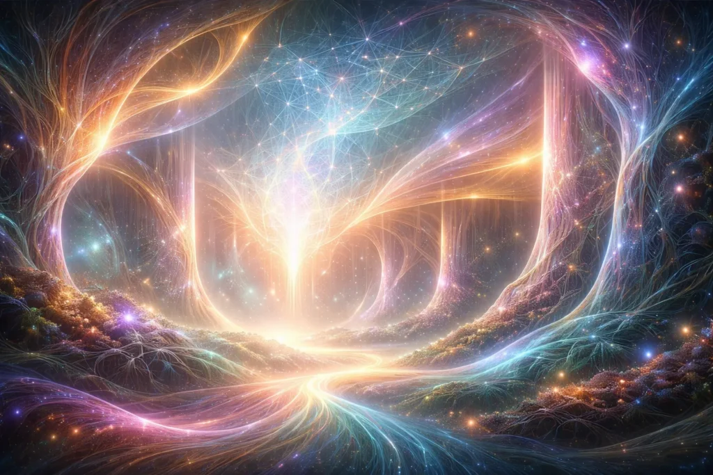 Abstract illustration of a luminous, flowing landscape made of interwoven light and colour, resembling crystalline structures and organic networks glowing within a vast, resonant space.