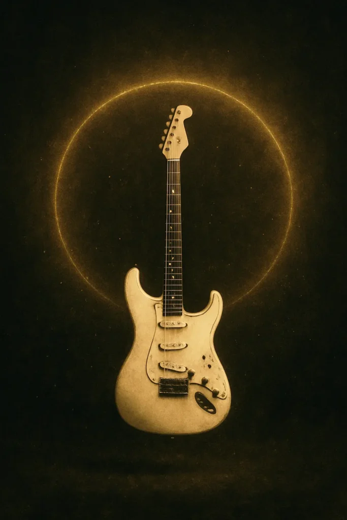 An ethereal white guitar suspended in shadow, encircled by a faint halo of golden light, symbolising the sacred value attached to objects touched by fame.