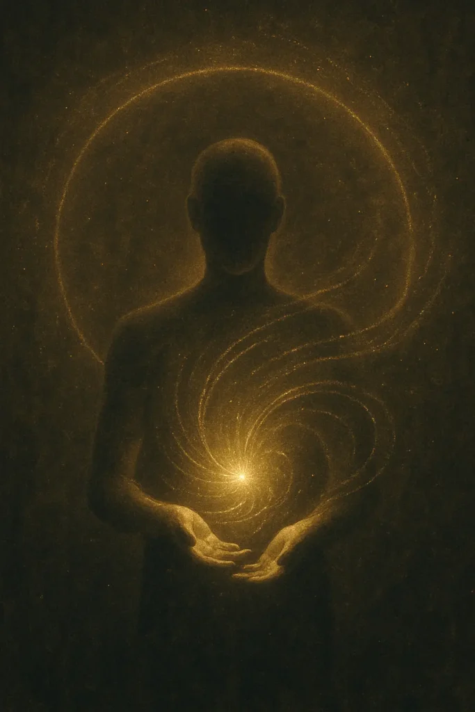 A glowing human figure gathers streams of golden light into their hands, representing attention as a form of currency and creation.