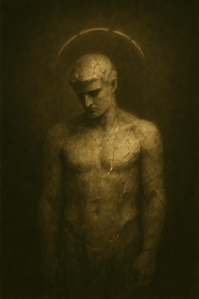 A fractured marble statue glows faintly from its cracks, surrounded by a broken golden ring, symbolising the decay and repurposing of fallen idols.