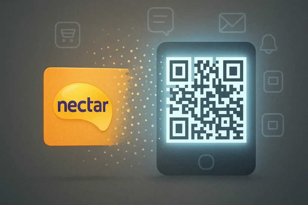A stylised illustration of a Nectar loyalty card dissolving into a glowing QR code. Small faded smartphone notification icons surround the QR code, creating a subtle cage-like effect. The image represents the shift from physical loyalty cards to app-based systems.