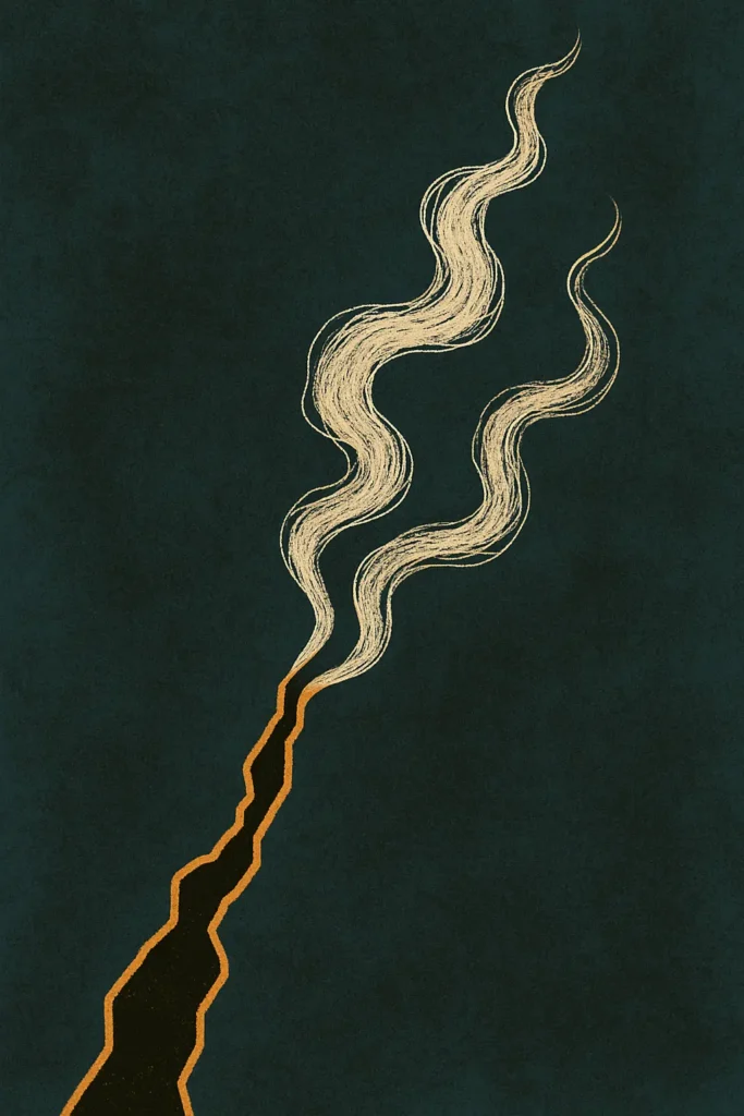 An abstract digital illustration of a dark teal background with a jagged golden crack rising from the bottom. From the top of the crack, three pale, cotton-like wisps twist upward, resembling smoke or unraveling fibers. The image has a painterly, textured quality and evokes an eerie, dreamlike sense of something organic emerging from within the split.
