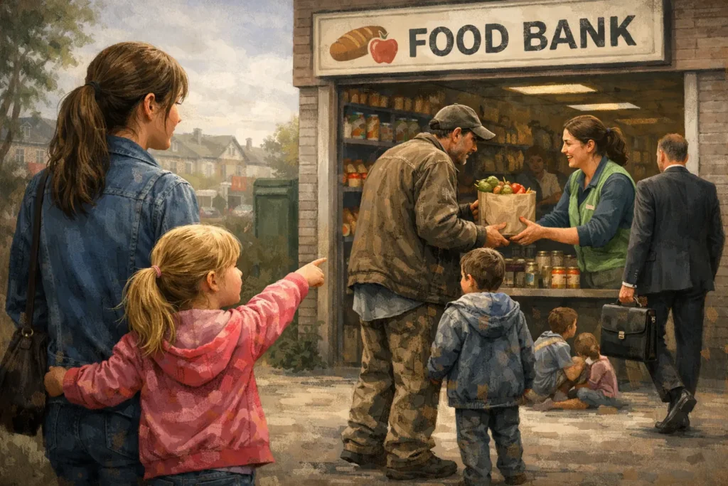 A painted illustration showing a woman and a young child standing on a pavement, the child pointing toward a food bank. In the background, volunteers hand bags of groceries to adults and children outside the food bank building, with shelves of food visible inside.