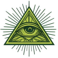 Green all-seeing eye inside a triangle with black linework, radiating light rays.