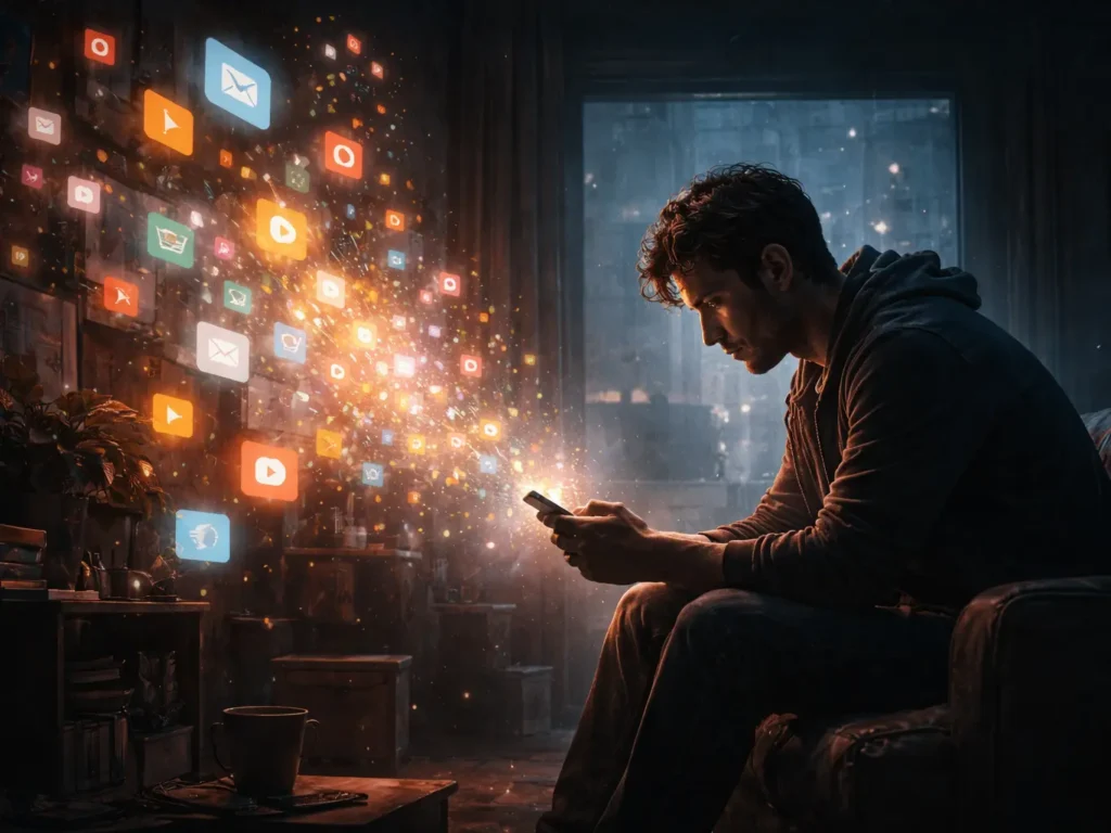 A person sitting alone in a dimly lit room looks down at a glowing smartphone, while colourful digital notification icons float around them, illuminating the space.