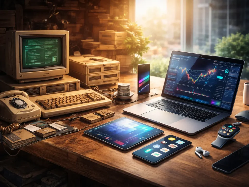 A wooden desk displaying a mix of vintage and modern technology, including an old CRT computer, floppy disks, and a rotary phone alongside a laptop, smartphone, tablet, and smartwatch, all lit by soft natural light.