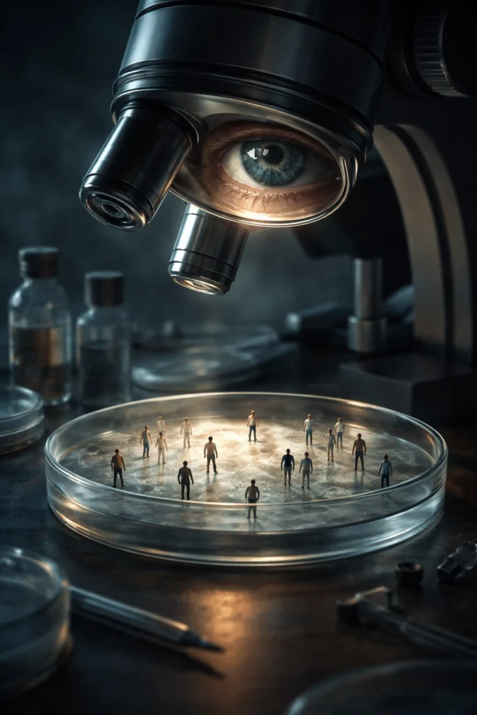 A surreal illustration showing a large human eye integrated into a microscope, looking down at a petri dish containing tiny human figures, suggesting themes of observation and scale.