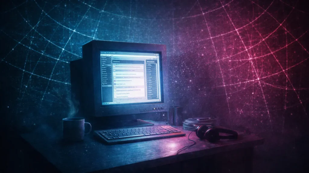A cozy retro computer workstation with a glowing CRT monitor on a desk, surrounded by headphones and discs, set against a cyan and magenta web-grid background with a nostalgic, early-internet atmosphere.