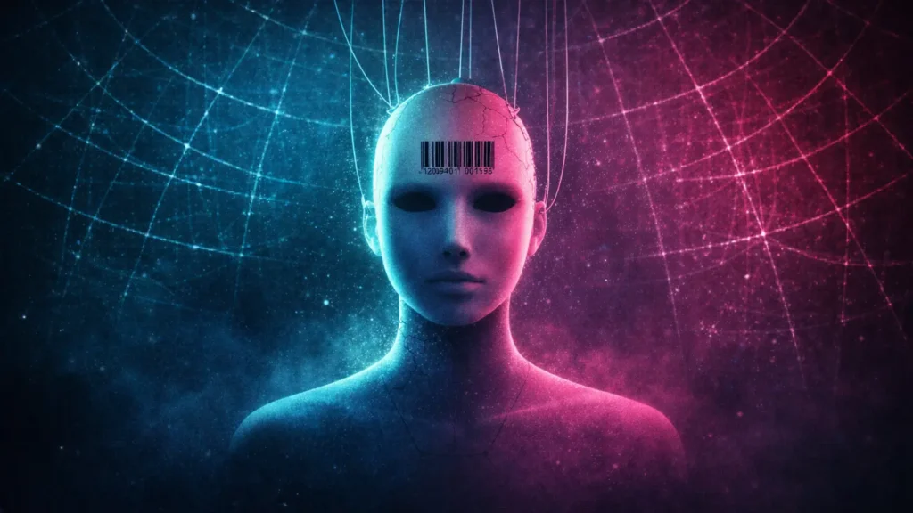 A mannequin-like human figure lit in cyan and magenta, with a barcode on its forehead and puppet strings above, standing in front of a faint web-grid background.