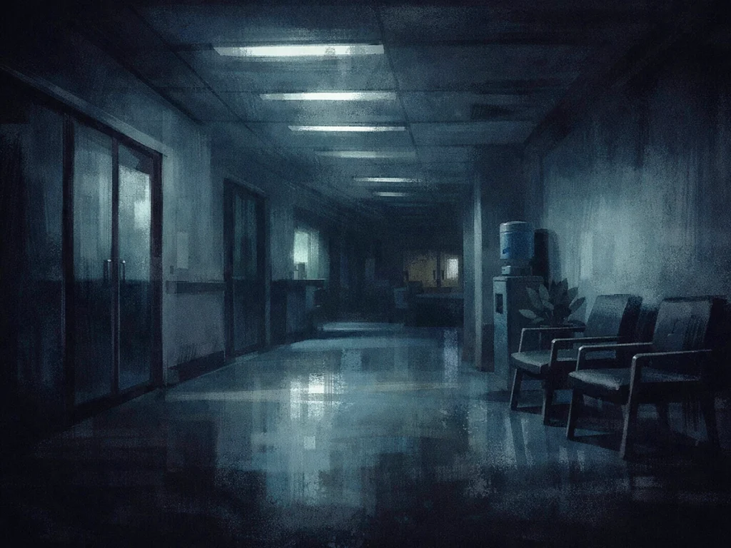 Illustrated scene of a dimly lit institutional corridor with fluorescent ceiling lights, empty chairs along one wall, frosted glass doors on the other, and a darkened passage receding into shadow.