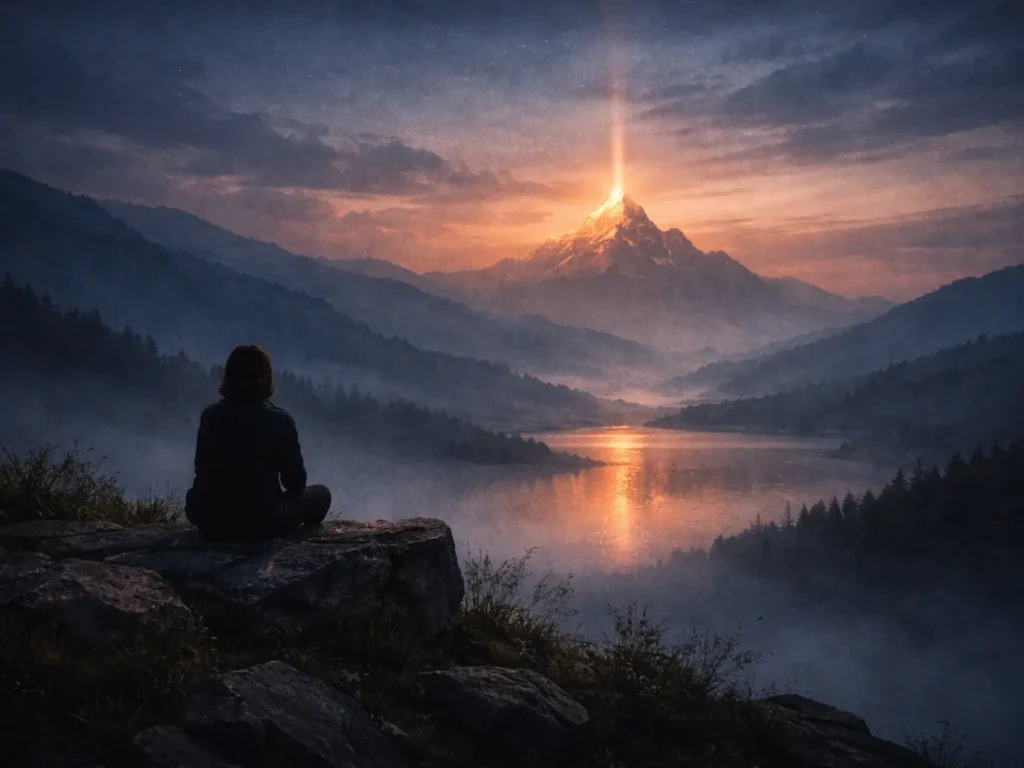 A lone silhouetted figure sits on a rocky ledge at twilight, overlooking a misty valley and a calm lake. In the distance, a mountain peak glows with warm light beneath a darkening sky.