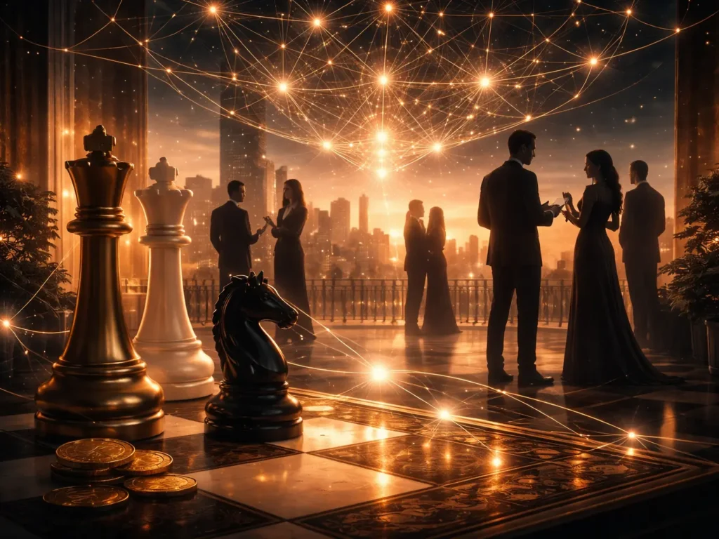 A landscape illustration showing large chess pieces in the foreground on a reflective chessboard, with scattered gold coins nearby. In the background, well-dressed figures stand in small groups on a balcony overlooking a glowing city at dusk. Above them, a web of glowing lines and points connects across the sky, suggesting networks of influence and strategy.