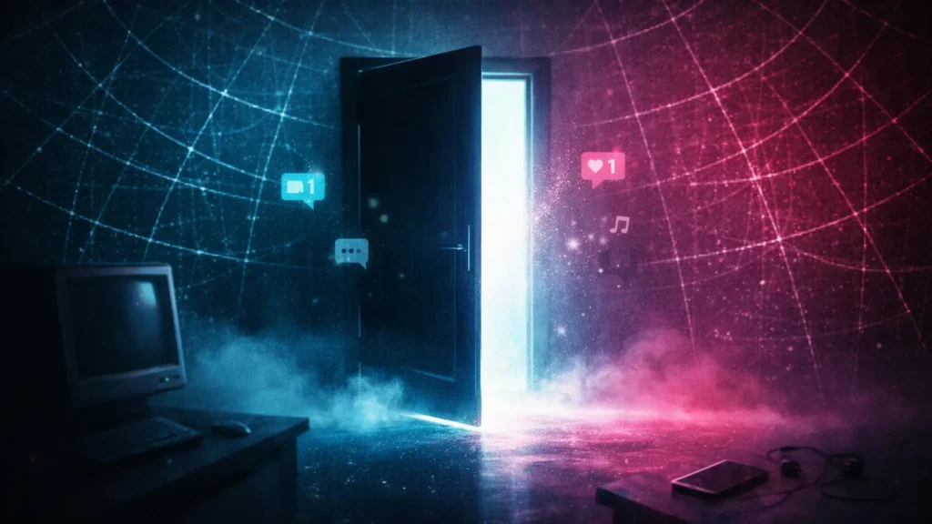 A retro computer desk in a dark room with an open glowing doorway, cyan and magenta light spilling into mist, and faint notification icons drifting away across a web-like grid background.