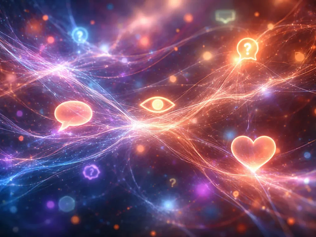 Abstract, atmospheric digital artwork showing flowing, luminous threads weaving through a dark, cosmic background. Softly glowing symbols resembling speech bubbles, question marks, an eye, and a heart drift within the strands, suggesting communication, perception, and emotion without clear boundaries. The overall scene feels fluid, interconnected, and ambiguous.