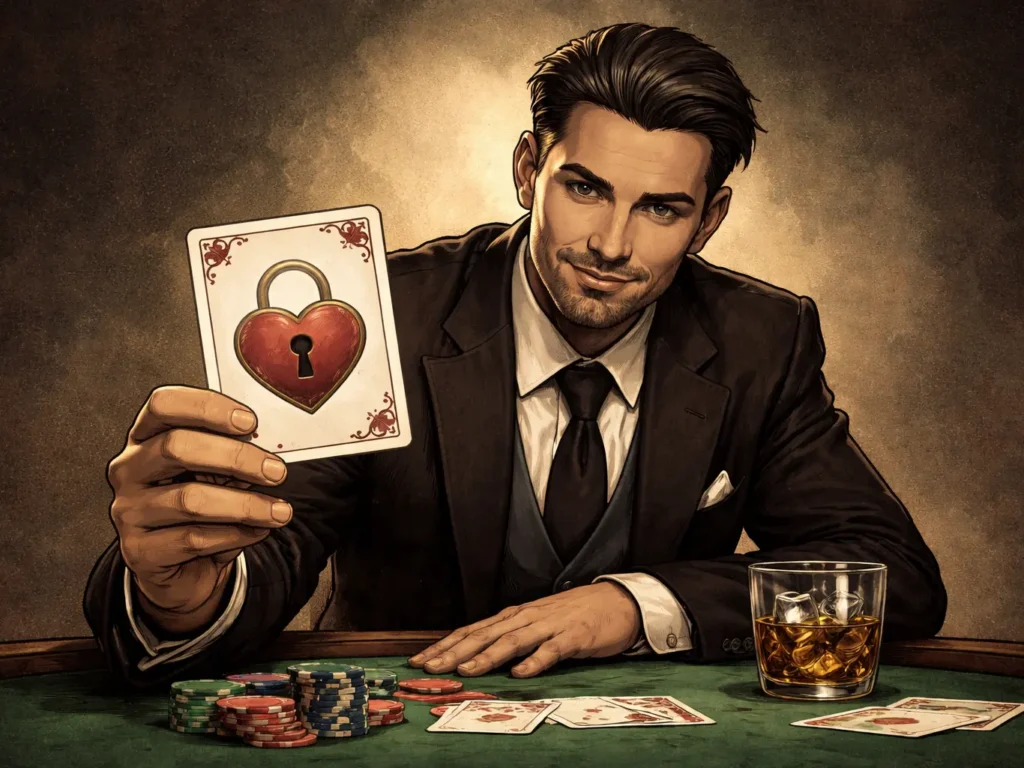 A suited poker player sits at a card table, holding up a playing card featuring a heart-shaped padlock. The figure looks calmly confident, with poker chips and a glass on the table, suggesting a controlled and persuasive moment rather than a gamble.