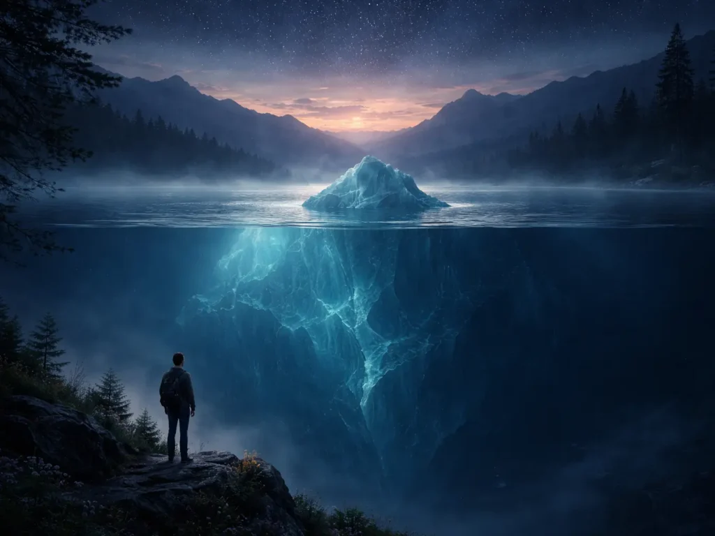 A lone figure stands on a rocky shoreline at dusk, looking across a calm lake at a small iceberg on the surface. Beneath the water, the iceberg extends far downward, vast and luminous, dwarfing what is visible above. Dark forests and distant mountains frame the quiet scene.