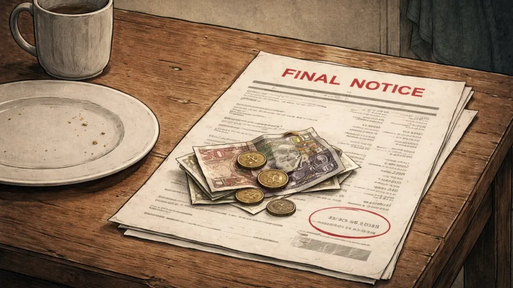 A small amount of cash and coins placed on top of an unpaid bill next to an empty plate on a wooden table.