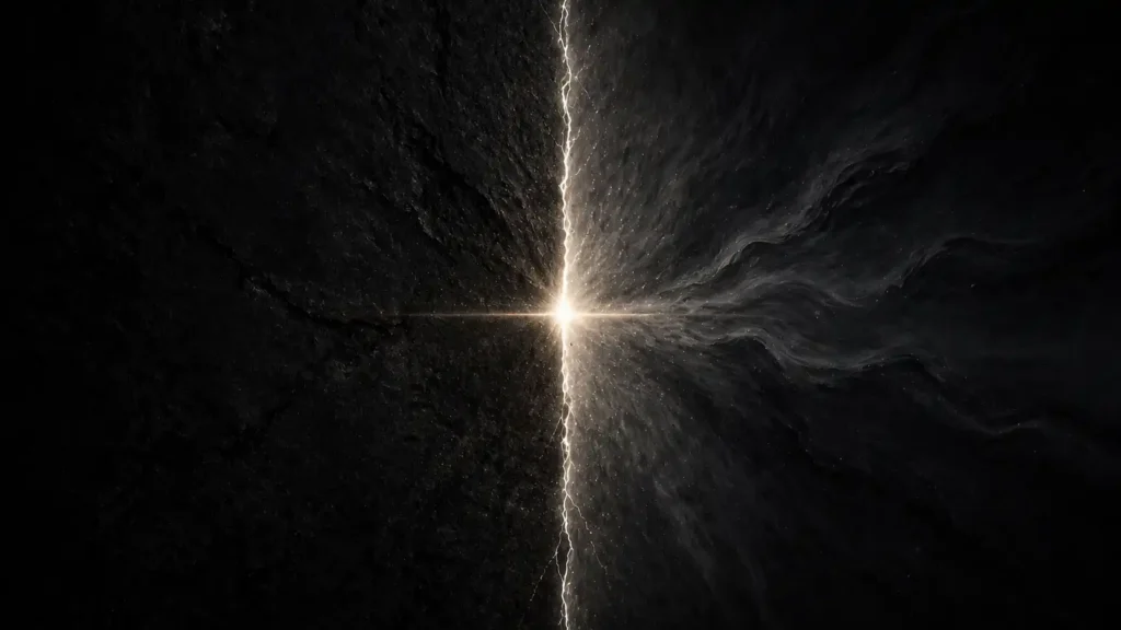 A dark, textured landscape split vertically by a bright crack of light, with rough stone-like texture on one side and soft, smoky patterns on the other.