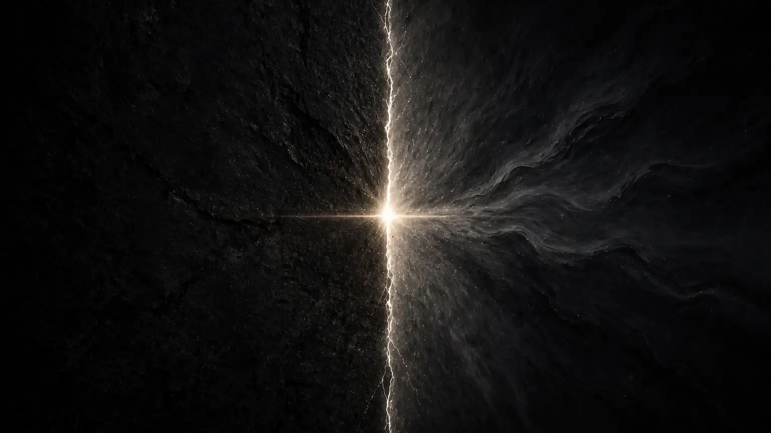 A dark, textured landscape split vertically by a bright crack of light, with rough stone-like texture on one side and soft, smoky patterns on the other.