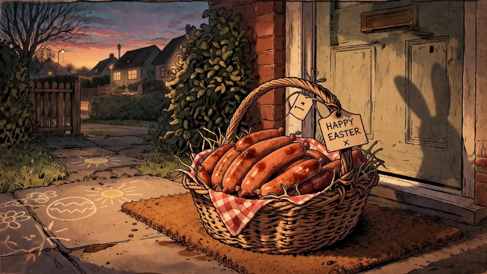 Illustrated scene of a wicker basket filled with sausages left on a doorstep at dawn, with a quiet suburban street in the background.