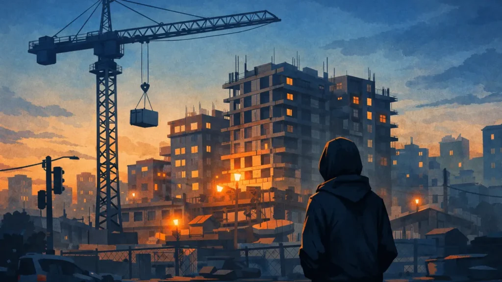 A lone figure stands in the foreground, facing a large urban construction site at dusk. Tower cranes and partially built apartment blocks loom in the distance, their windows glowing warmly against a cold blue cityscape.