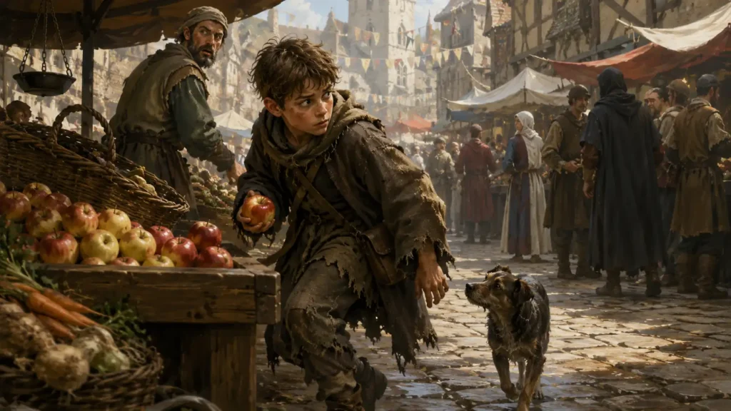 An illustrated medieval market scene bustling with townsfolk, stalls, and warm sunlight. In the foreground, a ragged young vagrant clutches a stolen red apple while glancing nervously over his shoulder. A startled fruit vendor watches from behind the stall as the crowded marketplace continues around them. The image evokes themes of poverty, survival, judgment, and the social framing of “scrounging” within unequal systems.