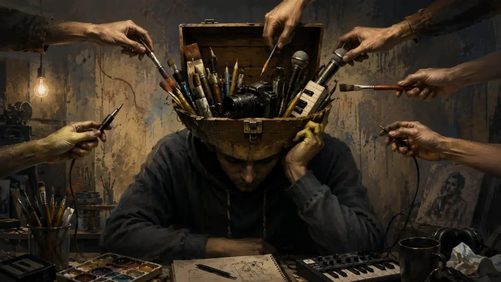 A surreal illustrated scene of an exhausted artist with an open toolbox for a head, filled with creative tools while disembodied hands reach in to take them in a dark, painterly studio.
