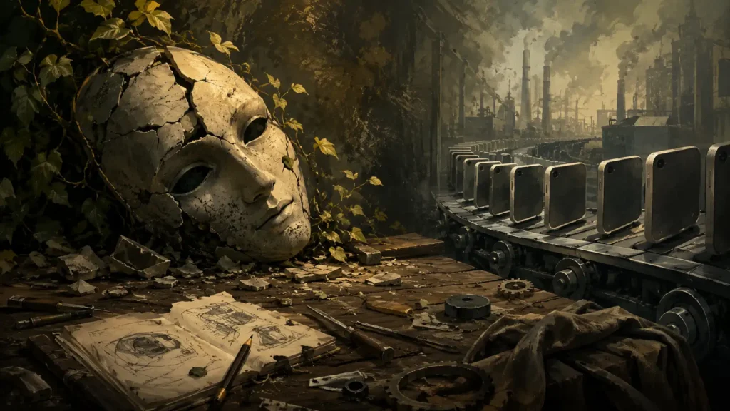 A moody illustrated scene contrasting handcrafted integrity with industrial mass production. In the foreground, a cracked theatrical mask rests among old tools, sketches, and ivy-covered debris on a worn wooden workbench, symbolising the decay of sincerity and craftsmanship. In the background, a dark factory assembly line produces rows of identical smartphone-like devices beneath towering smokestacks and polluted skies. The image blends warm earthy tones with cold industrial greys, creating a melancholic atmosphere about the loss of care and humanity in modern design.