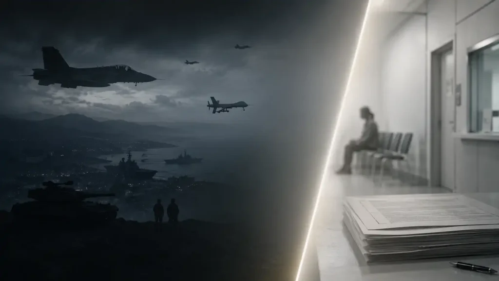 A wide conceptual image split into two contrasting halves. On the left, dark storm clouds loom over a military scene featuring fighter jets, warships, tanks, and silhouetted soldiers overlooking a coastline at night. On the right, a stark white bureaucratic environment shows a blurred person sitting alone in a waiting area beside a stack of paperwork and a pen on a desk. A bright dividing line separates the two worlds, symbolising the contrast between flexible military action and rigid systems of care.