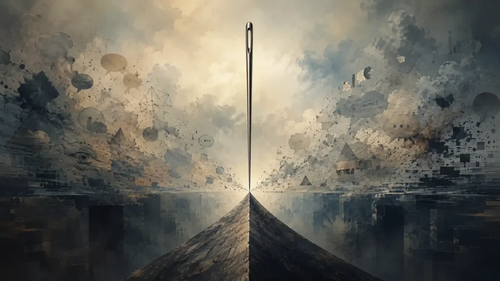 A surreal illustrated landscape showing a giant metallic needle balanced perfectly on its sharp tip atop a narrow pyramid-like point above a dark abyss. Around it swirl fog, fragmented symbols, speech bubbles, geometric shapes, and abstract debris, creating a dreamlike atmosphere of instability, uncertainty, and fragile balance. The muted blue-grey palette is contrasted by a pale glowing sky at the centre of the composition.
