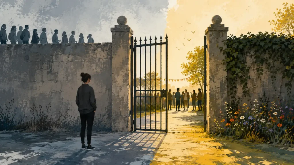 An illustrated landscape scene showing a lone figure standing outside a large open iron gate in a tall stone wall. The outside world is cold, grey, and shadowed, while beyond the gate is a warm sunlit gathering of people surrounded by trees and flowers. A queue of silhouetted figures stands along the top of the wall, reinforcing themes of exclusion, access, and social division.