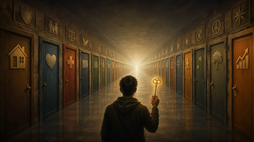 A surreal illustrated corridor stretches endlessly into bright light, lined with countless doors marked by symbols representing safety, love, health, creativity, peace, and success. In the foreground, a lone figure holds a glowing golden key, suggesting that every path in life requires the same symbolic form of access.