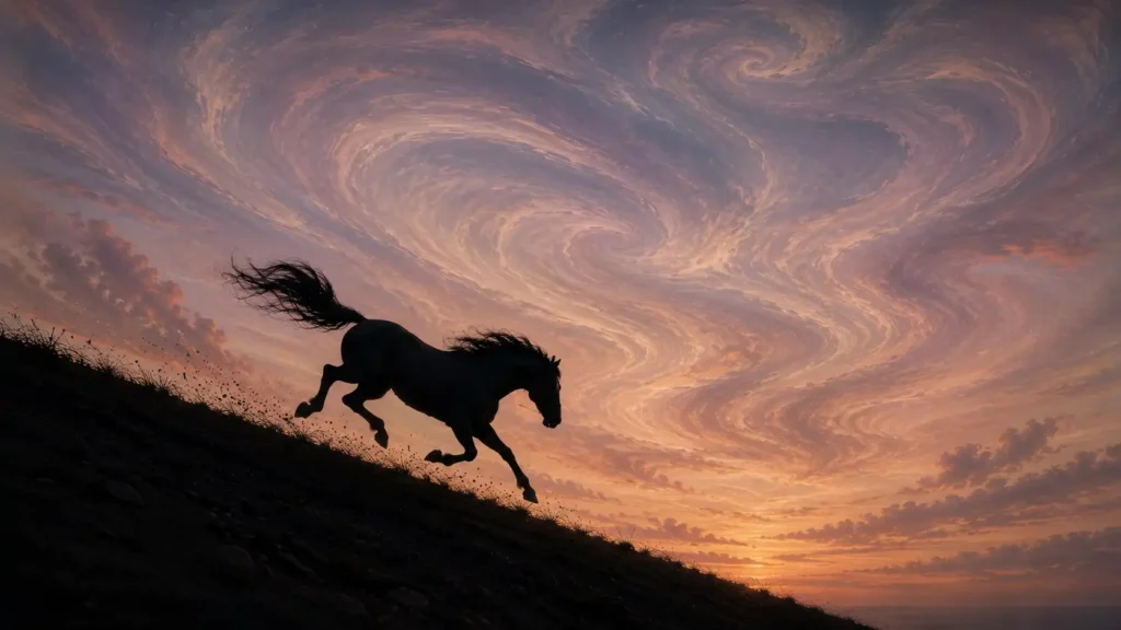 A silhouetted black horse gallops down a steep hillside beneath a vast swirling dreamlike sky painted in soft purples, dusky blues, and warm sunset oranges. The scene has a surreal, psychedelic atmosphere, with the horse appearing isolated against the dramatic cosmic clouds and fading evening light.