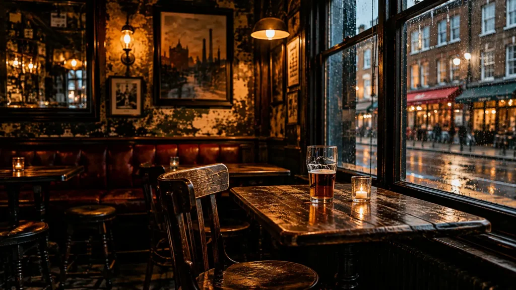 A warm, atmospheric pub interior on a rainy evening. A worn wooden table beside a rain-streaked window holds a half-full pint and a small candle. Soft amber lighting reflects off dark wood furniture and aged walls decorated with framed artwork, while the blurred city street outside glows with wet reflections and distant lights. The space feels quiet, calm, and inviting, with an emphasis on comfort and stillness.