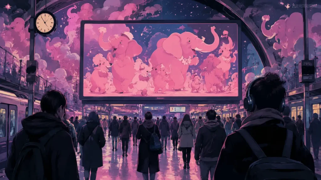 A surreal illustrated train station filled with commuters walking beneath a giant glowing digital billboard displaying a dreamlike parade of pink elephants. The station is bathed in purple and magenta neon light, with reflections shimmering across the polished floor. Most people appear disengaged or distracted as the whimsical yet unsettling elephant imagery looms above them, blending nostalgia, spectacle and quiet dystopian atmosphere.