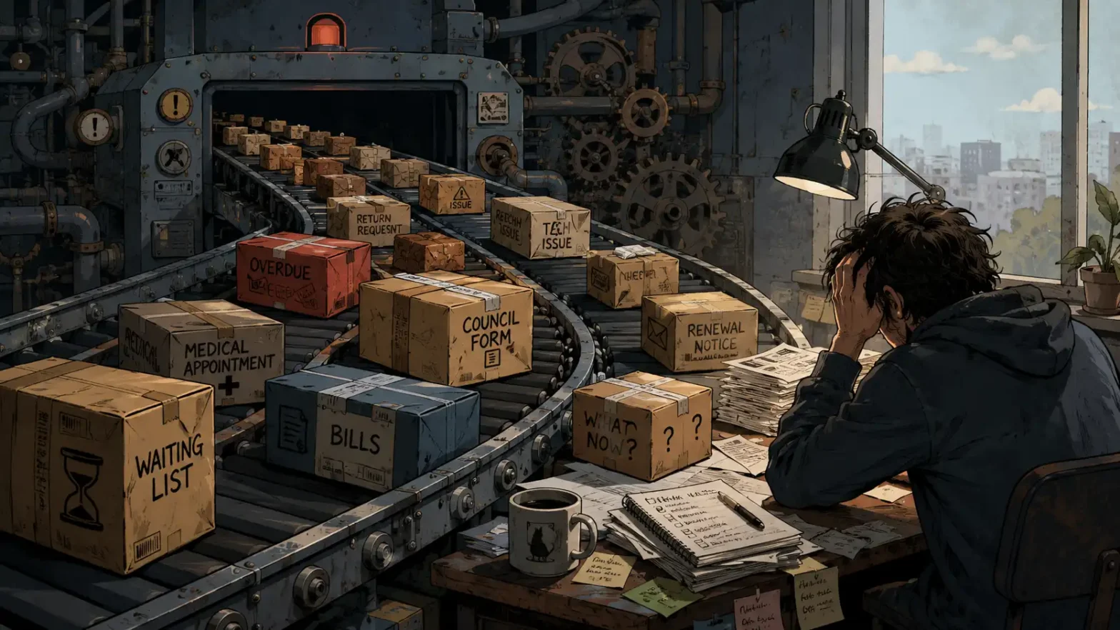 An illustrated industrial scene shows a stressed person sitting at a cluttered desk while a giant mechanical conveyor belt delivers endless cardboard boxes labelled with everyday problems such as “Bills,” “Council Form,” “Renewal Notice,” “Tech Issue,” and “Waiting List.” The dim factory-like environment is filled with gears, pipes, paperwork, and harsh desk lighting, creating a heavy atmosphere of bureaucratic overload and relentless modern stress.