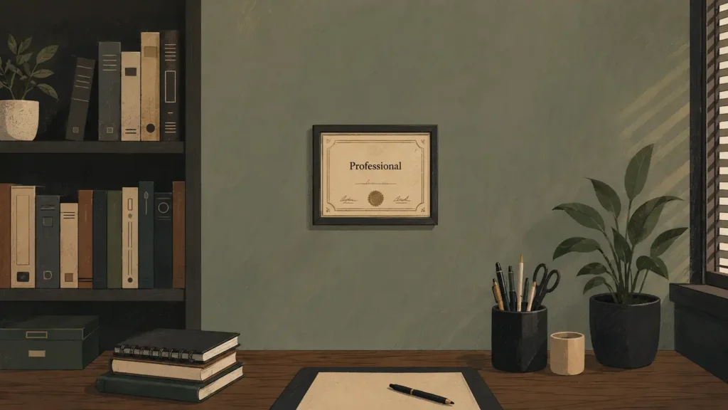 Illustrated office scene with a small framed certificate on a muted green wall reading “Professional.” The certificate hangs above a wooden desk with stacked books, pens, and potted plants, while soft sunlight streams through venetian blinds, casting long shadows across the room