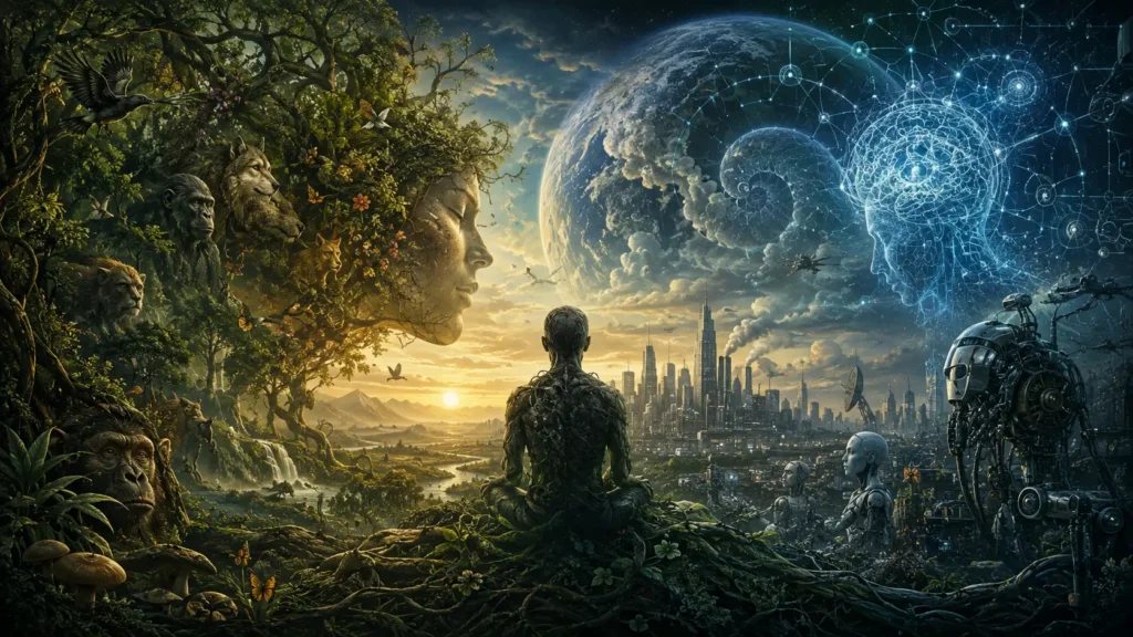 A surreal illustrated landscape depicting humanity as a bridge between nature and artificial intelligence. On the left, dense forests filled with animals merge into a giant serene human face formed from foliage and earth. On the right, futuristic cities, robotic figures, and glowing neural network patterns emerge beneath a cosmic sky. At the center, a humanoid figure made from intertwined organic and mechanical elements sits facing the horizon, symbolising recursive consciousness and the merging of biological and technological evolution.