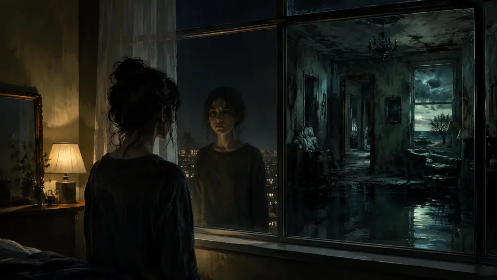 A woman stands beside a bedroom window at night, but the dark glass reflects an eerie alternate reality: a decaying, dreamlike interior stretching into shadowy corridors, while her reflection gazes back with unsettling stillness.